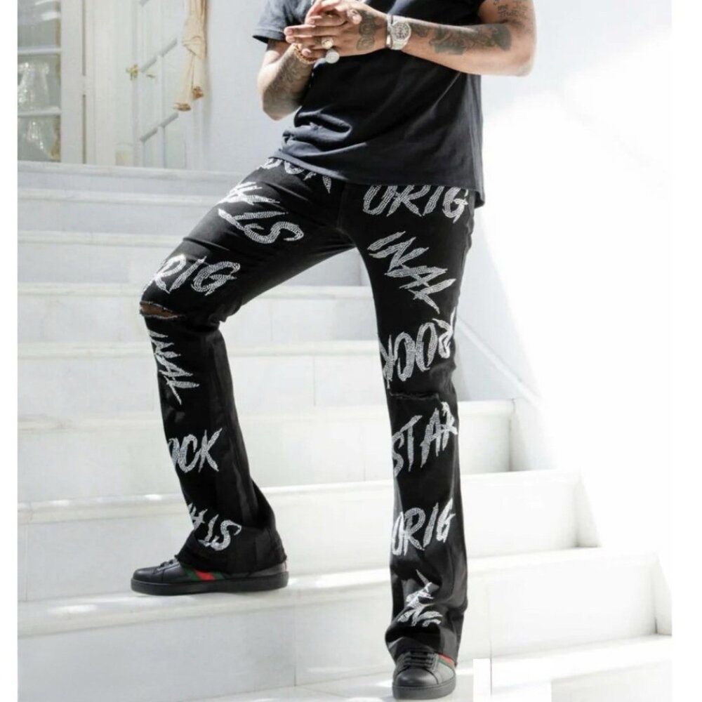 Rockstar Original Cato Graphic Stacked Flare Jeans Black Rhinestone Embellish 36